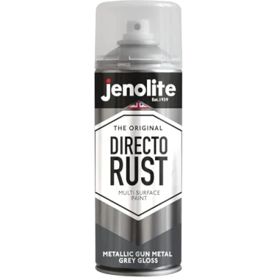 Image of JENOLITE Directorust Metallic Gloss Spray Paint GUN METAL GREY 400ml Multi Surface Gold for Metal, Wood, Plastic All In_OnePrimer, Undercoat and Topcoat Interior &amp; Exterior
