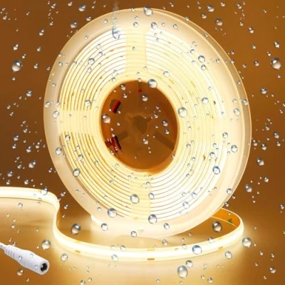Image of GOMING 24V COB LED Strip Light Warm White 3000K 5M/16.4ft 2400LEDs IP65 Waterproof Uniform Glow CRI 93+ Flexible Tape Lights for DIY Cabinet Bedroom Kitchen Home Decor (No Power Supply)