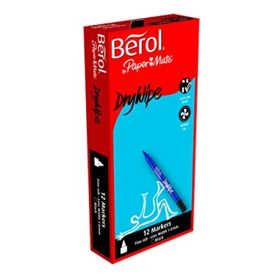 Image of Berol Dry Wipe Whiteboard Pen Fine Nib 1 mm Black, Box of 12