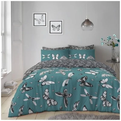 Image of GC GAVENO CAVAILIA Reversible Butterfly Double Bed Duvet Cover, Premium Polycotton Firefly Printed Teal Bedding Set, Quilt Cover Sets