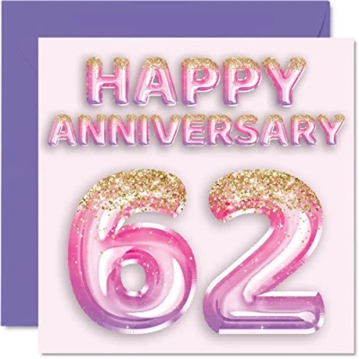 Image of Pretty 62nd Anniversary Card for Wife Girlfriend Husband Boyfriend Pink Purple Glitter Balloons Happy 62 Cards from Family, 145mm x Greeting Sixty Second Anniversaries