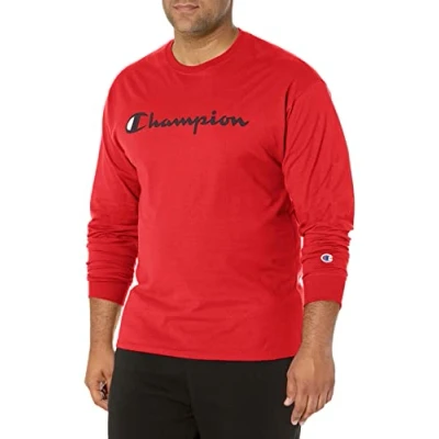 Image of Champion Men&#039;s, Classic Graphic Long Sleeve, Comfortable, Soft T Shirt (Reg. Or Big &amp; Tall), Scarlet Script, XXL