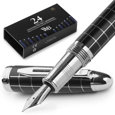 Image of Wordsworth &amp; Black Majesti Fountain Pen (Checked), Luxury Case, Chrome Finish; Extra Fine Nib 24 Ink Cartridges, Refillable Converter Calligraphy Best Business Gift Set for Men Women