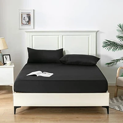 Image of Good Nite Super King Fitted Sheet Bed Sheets 25CM Extra Deep Pocket Soft and Breathable Bedding (Black, King)