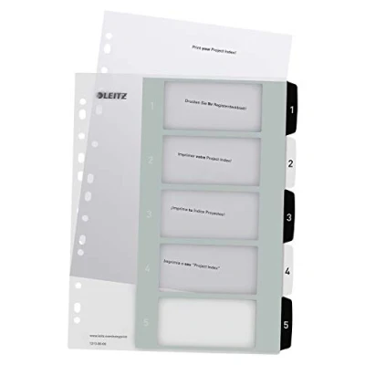 Image of Leitz WOW Printable Index, Extra Wide, 1 5 Numbered Tabs, PP, A4, White/Black
