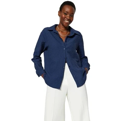 Image of Trendyol Women&#039;s Straight Long Sleeve Plus Size Shirt, Navy, S