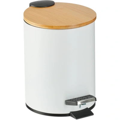 Image of Relaxdays Step Pedal Bin, 3 Litre, Soft close Mechanism, Removable Inside, Bathroom Cosmetic Waste, Metal, Bamboo, White, Iron, 22.5 x 17 23 cm