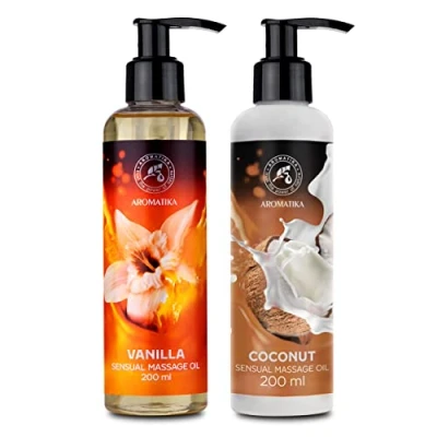 Image of Sensual Massage Oil Vanilla &amp; Coconut 2x200ml Edible Kissable Blend of Almond and Grapeseed Oils Body Relaxing Aromatherapy