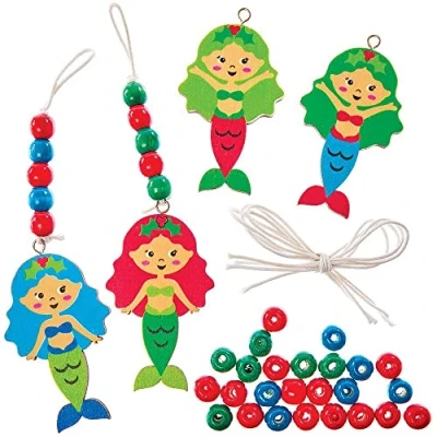 Image of Baker Ross FX372 Christmas Mermaid Bead Decoration Kits Pack of 4, Wood Craft Decorations for Kids Party, Arts and Crafts