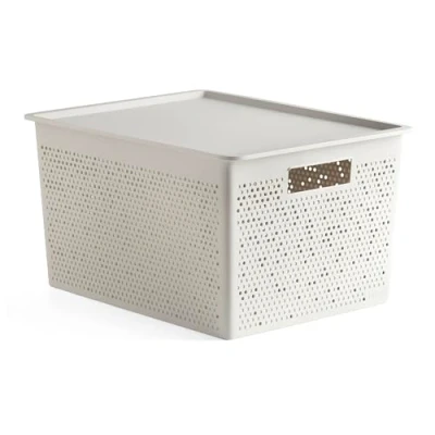 Image of TATAY Set of 20L Rectangular Organiser Box and Lid Bohol, Polypropylene, BPA Free, 100% Recycled Plastic, White. Measures 30.5 x 39.5 22 cm