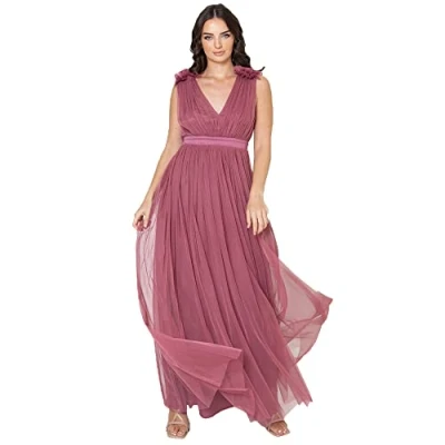 Image of Maya Deluxe Women&#039;s Ladies Maxi Dress with Ruffle V Neck Sleeveless High Empire Waist Long for Prom Guest Wedding Bridesmaid, Desert Rose, 20