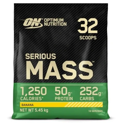 Image of Optimum Nutrition Serious Mass Protein Powder High Calorie Gainer with Vitamins, Creatine and Glutamine, Banana, 16 Servings, 5.45 kg, Packaging May Vary