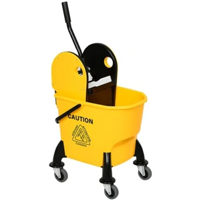 Image of HOMCOM 26L Mop Bucket &amp; Water Wringer w/ 4 Wheels Plastic Body Metal Handle Pole Holder Home Commercial Cleaning Floor Cart Yellow
