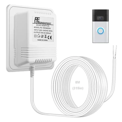 Image of Doorbell Transformer 18V 500mA Video Power Adapter, Ring Plug in Adapter UK Supply with 8M Extension Cable for Ring,Nest,Video Equipment, White
