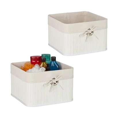 Image of Relaxdays Storage Basket, Set of 4, Bamboo with Fabric Liner, 20x31x31 cm, Handle, Organiser Box, Bathroom, White