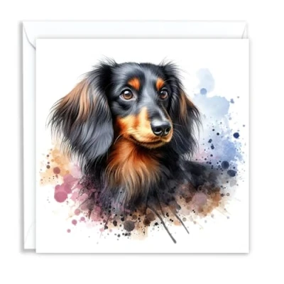Image of Black Long Haired Dachshund Dog Watercolour Splash Effect Artistic Blank Greeting Card