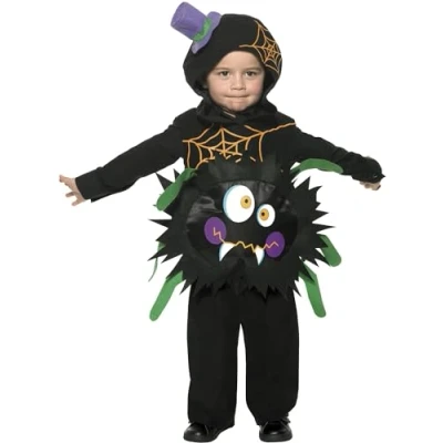 Image of Smiffys Crazy Spider Costume, Black with Tabard &amp; Hood, Halloween Child Fancy Dress, Dress Up Costumes