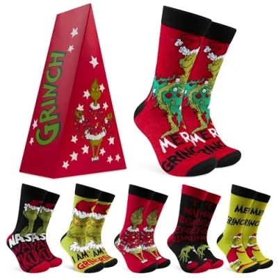 Image of The Grinch Mens Novelty Calf Socks, Soft Comfy Pack of 6 Funny Gifts for Men