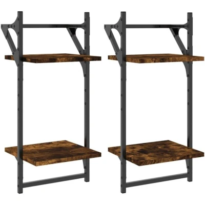 Image of vidaXL 2 Tier Wall Shelves with Bars pcs Smoked Oak 30x25x65 cm