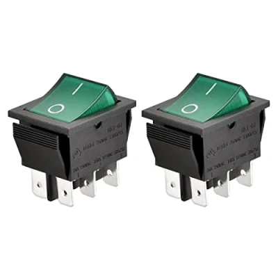 Image of Heschen Rocker Switch ON OFF DPDT 6 Terminals Green Light Illuminated 16A 250VAC 2Pack