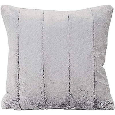 Image of Riva Paoletti Empress Square Feather Filled Cushion Super Soft Faux Fur Reversible Zip Closure Machine Washable 100 Case (18&quot; x 18&quot; inches), Polyester, Grey, 45 45cm