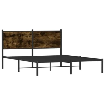 Image of vidaXL Metal Bed Frame with Headboard Smoked Oak, 137x190 cm Elegant Double Bedstead for Bedroom, Robust Steel