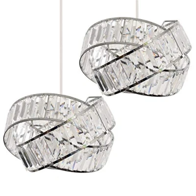 Image of Pair of Modern Polished Chrome &amp; Clear Acrylic Jewel Intertwined Rings Design Ceiling Pendant Light Shades Complete with 10w LED GLS Bulbs [3000K Warm White]