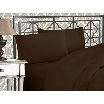 Image of Elegant Comfort Luxurious 1500 Premium Hotel Quality Microfiber Three Line Embroidered Softest 4 Piece Bed Sheet Set, Wrinkle and Fade Resistant, King, Chocolate Brown