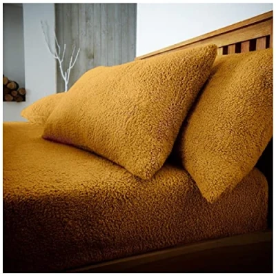 Image of GC GAVENO CAVAILIA 2 Pack Teddy Fleece Pillow Cases 100% Polyester Thermal Warm &amp; Cozy Pair of Soft Fluffy Plain Ochre