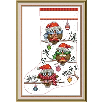 Image of OWN4B Cross Stitch Kits Pre Printed, Christmas Stocking Owl Stamped Pattern 11CT 17.3x24.8 inch DIY Embroidery Kit (Sock 7)