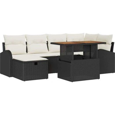 Image of vidaXL 7 Piece Garden Sofa Set with Cushions Black Poly Rattan
