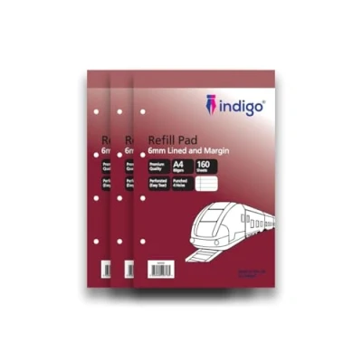 Image of indigo® A4 Refill Pad 160 Pages Headbound Perforated Punched Hole (Narrow Lined and Margin, Pack 3)