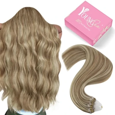 Image of YoungSee Micro Beads Hair Extensions Light Brown with Blonde Highlight Loop Real Human Ring Highlights 24inch 50s 50g