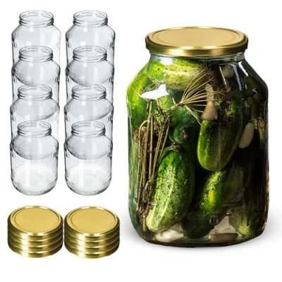 Image of KADAX Glass Jars 2.5 L, Round Preserve Storage with Wide Mouth, Large Preserving for Fermenting, Pickling Cucumbers (Set of 8, Gold Lids)