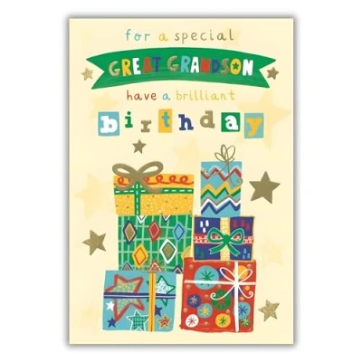 Image of Great Grandson Birthday Card Presents and Balloons Contemporary Design Special Finishes Illustrated Insert Leaf Made in the UK Eco Friendly