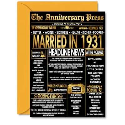 Image of Gold 94th Anniversary Card for Men Women Golden Newspaper Married in 1931 Happy 94 Year Wedding Wife Companion Husband Partner, A5 Anniversaries Greeting Cards