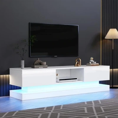 Image of Merax High Gloss TV Stand with LED Lights White Cabinet 2 Drawers, 1 Open Storage Space, for 70 79 Inch TVs, Ideal Living Room 160x35x40.5 cm