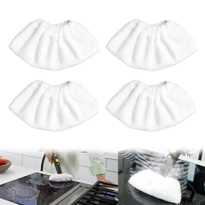 Image of 4 Piece Microfibre Cover Set Steam Cleaner Accessories for Hand Nozzle, Terry Cloth Tool Classic and Comfort, Cotton Pads Compatible Most Cleaners (White)