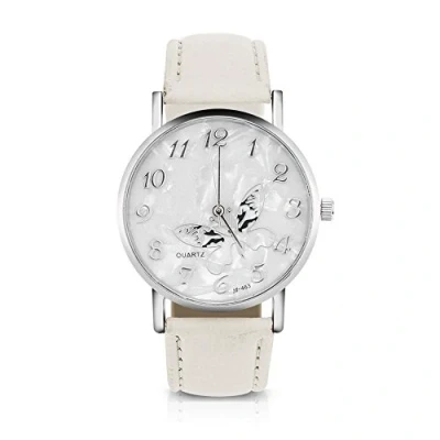 Image of Sonew Ladies White Watch, Women Quartz Watch Female Analog Round Wristwatches PU Leather Strap Fashion Simple Butterfly Design Wrist Watch(White)