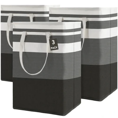 Image of Maxsilan 80L 3 Pack Freestanding Laundry Basket with Extended Handle, Collapsible Large Cotton Clothes Hamper Storage Basket, Gradient Grey