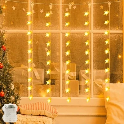Image of Star Curtain Fairy Lights Battery Powered 1m x 50 LED Christmas String Outdoor Waterproof &amp; 8 Modes for Windows, Bedroom, Party, Indoor, Outside Decorations (Warm White)