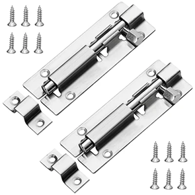 Image of JelKen 2 Pack Door Lock Bolts 4&quot;(100mm), 304 Stainless Steel Latch with Screws, Gate for Shed Garden Doors, Internal 4 Inch
