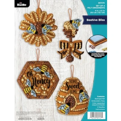 Image of Bucilla, Beehive Bliss, Felt Applique 4 Piece Ornament Making Kit, Perfect for DIY Arts and Crafts, 89727E