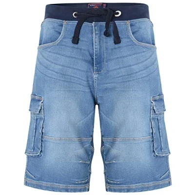 Image of KAM Denim Cargo Shorts Combat Elasticated Waist Multi Pocket Holiday Mens Summer by Jeanbase Light Used 46
