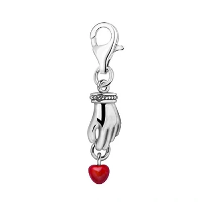 Image of Quiges 925 Sterling Silver Red Enamel 3D Hand with Heart Lobster Clasp Charm Clip on Pendant