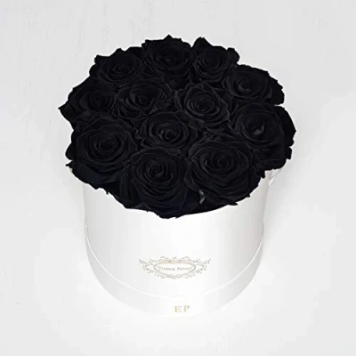 Image of A 100% Real Roses That Last Years Eternal Petals, Handmade in UK Dozen Roses, Round White Flower Box (Black)