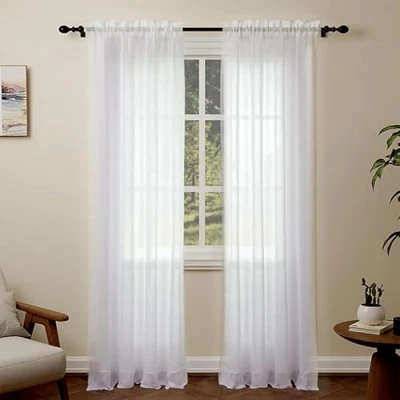 Image of Pacok White Voile Curtains, 108 Drop 2 Panels Net Curtain for Windows, Rod Pocket Sheer Panel Curtains Living Room Kitcken Bedroom W56xL108 Inch(White, 142 x 274cm)
