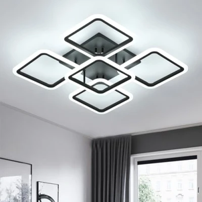 Image of Comely LED Ceiling Light, 61W 7000LM Black Lamp Modern, 5 Square Chandeliers 6500K Lighting Fixture for Living Room, Kitchen, Hallway, Dining Bedroom