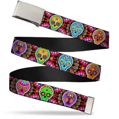 Image of Buckle Down Men&#039;s Web Belt Thaneeya Sugar Skulls 1.25&quot;, Multicolor, Wide Fits up to 42&quot; Pant Size