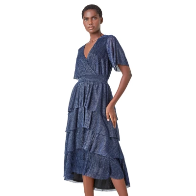 Image of Roman Originals Shimmer Tiered Midi Dress for Women UK Ladies Everyday Autumn Winter V Neckline Comfy Soft Evening Vacation Work Party Night Out Midnight Blue Size 10
